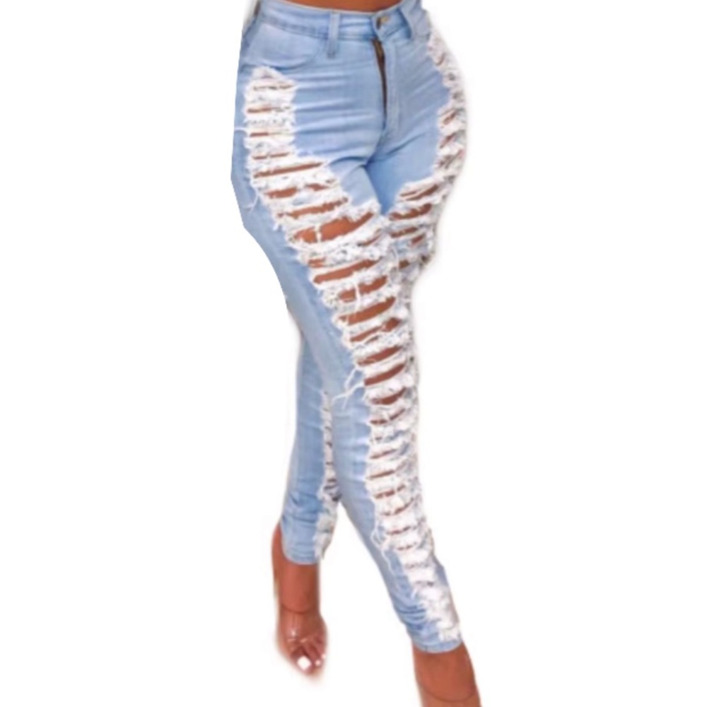 Distressed Light Blue Denim High Waist Size Médium